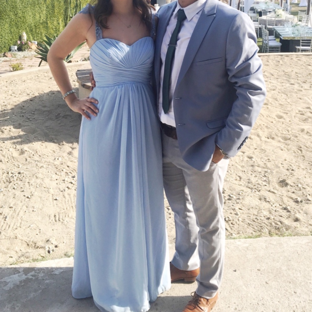 Long elegant baby blue dress, stunning straps